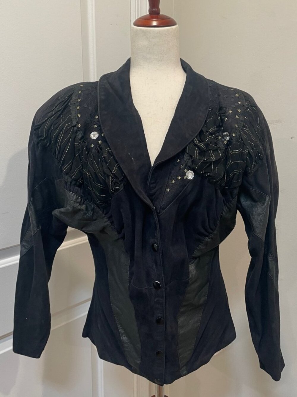 Black Leather Jacket with Lace & Metallic Detailing